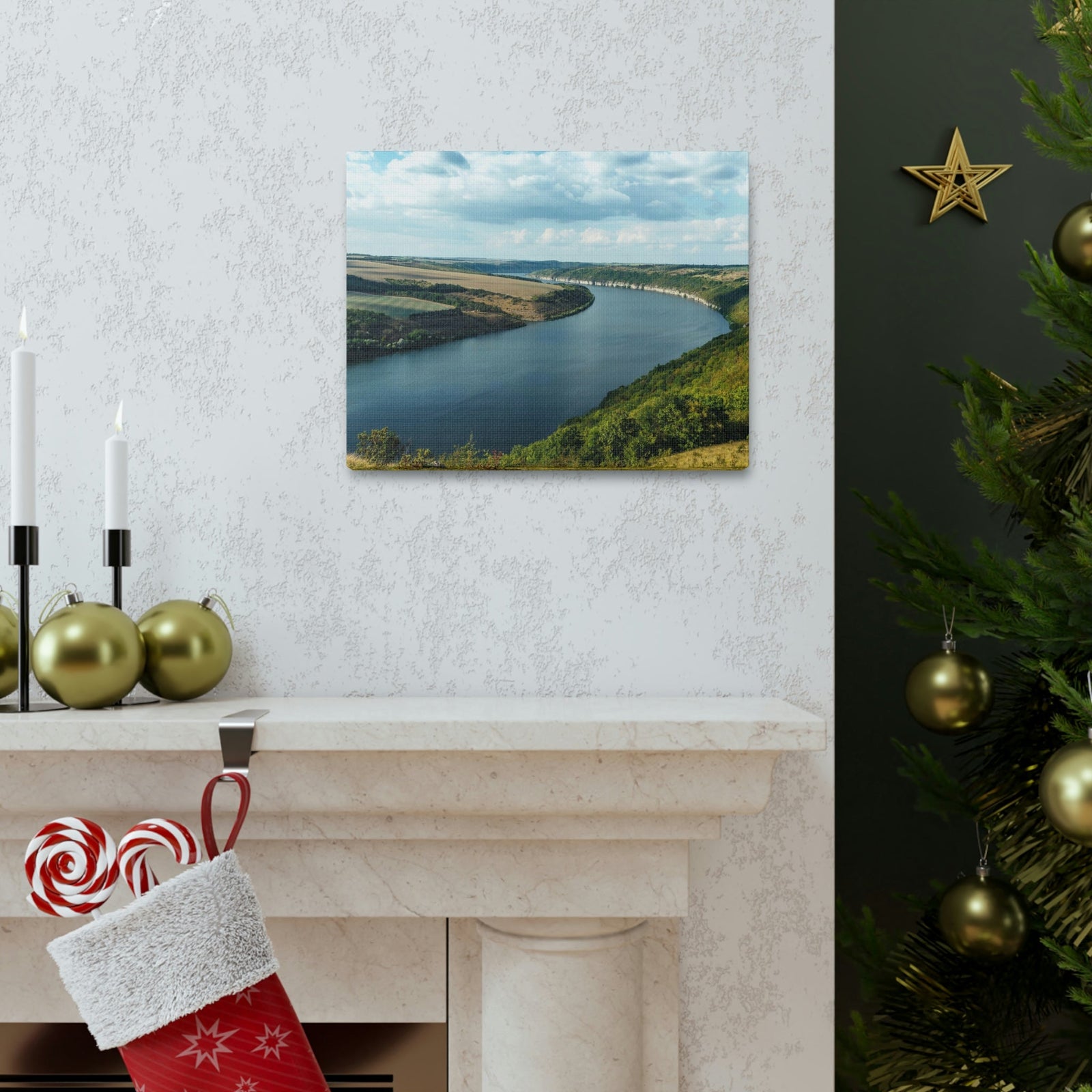 Enticing Sunny Day on the River Scene Beautiful Engaging and Lovely Beauty Nature Scene Perfect Blue Sky and River Wall Art Ready to Hang Unframed-Express Your Love Gifts