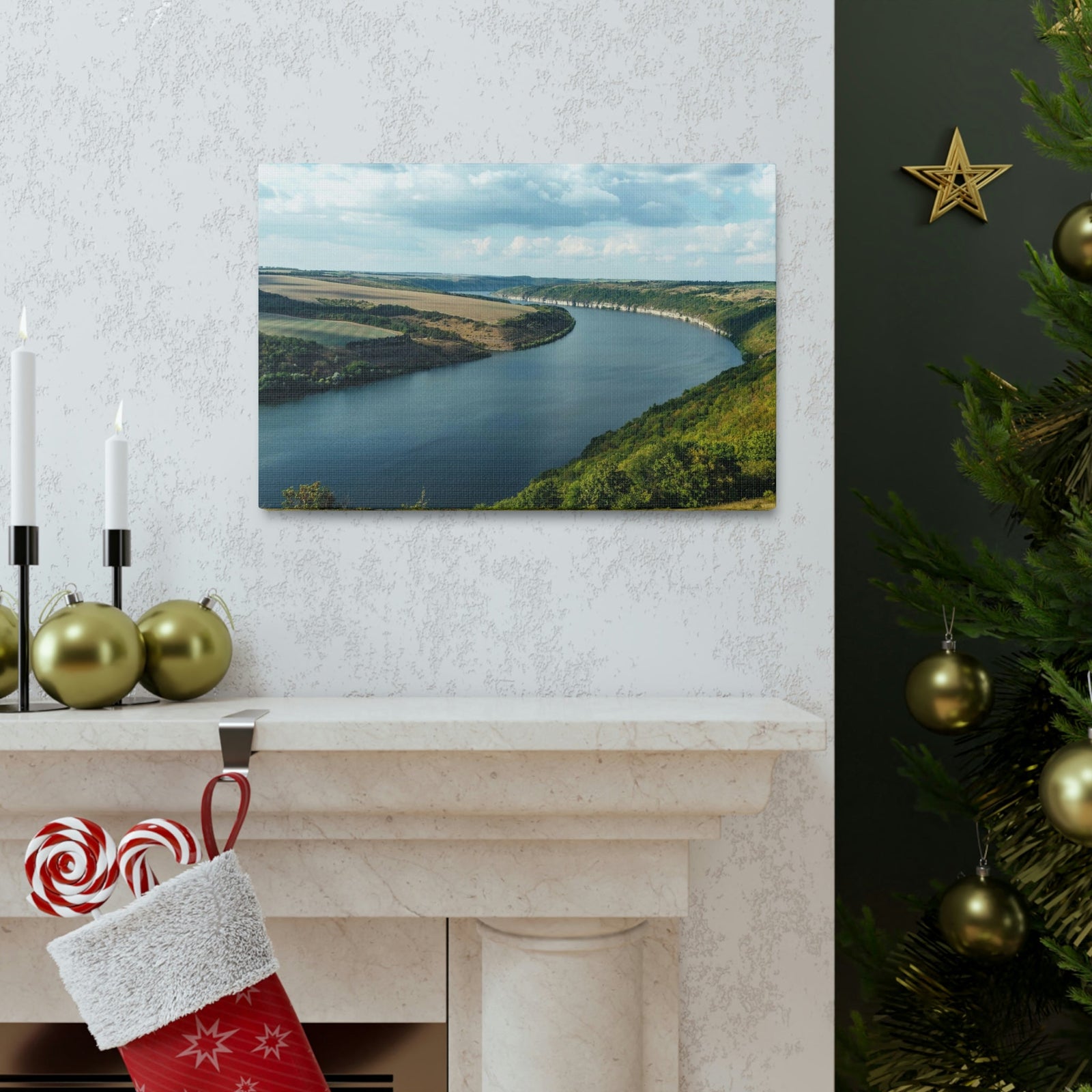 Enticing Sunny Day on the River Scene Beautiful Engaging and Lovely Beauty Nature Scene Perfect Blue Sky and River Wall Art Ready to Hang Unframed-Express Your Love Gifts