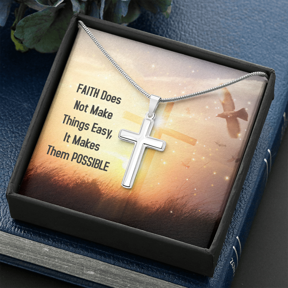 Faith Does Not Make Things Easy Luke 1:37 Cross Card Necklace w Stainless Steel Pendant-Express Your Love Gifts