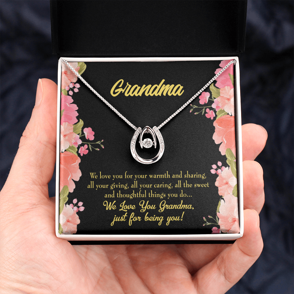 Family to Grandma Lucky Horseshoe Necklace Message Card 14k w CZ Crystals-Express Your Love Gifts