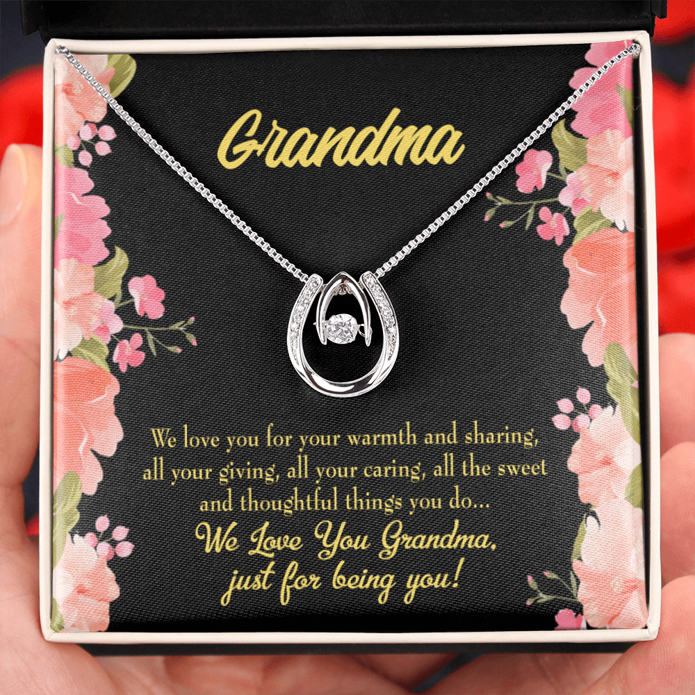 Family to Grandma Lucky Horseshoe Necklace Message Card 14k w CZ Crystals-Express Your Love Gifts