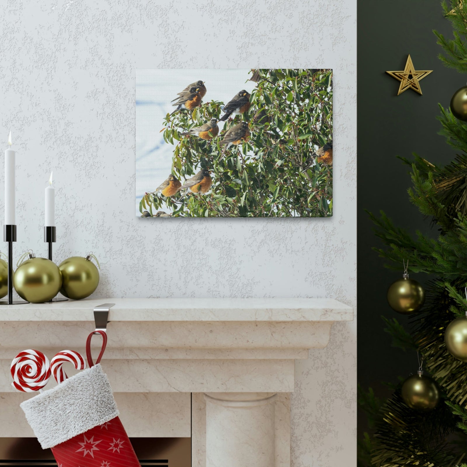 Scripture Walls Flock of American Robins on a Tree Print Animal Wall Art Wildlife Canvas Prints Wall Art Ready to Hang Unframed-Express Your Love Gifts