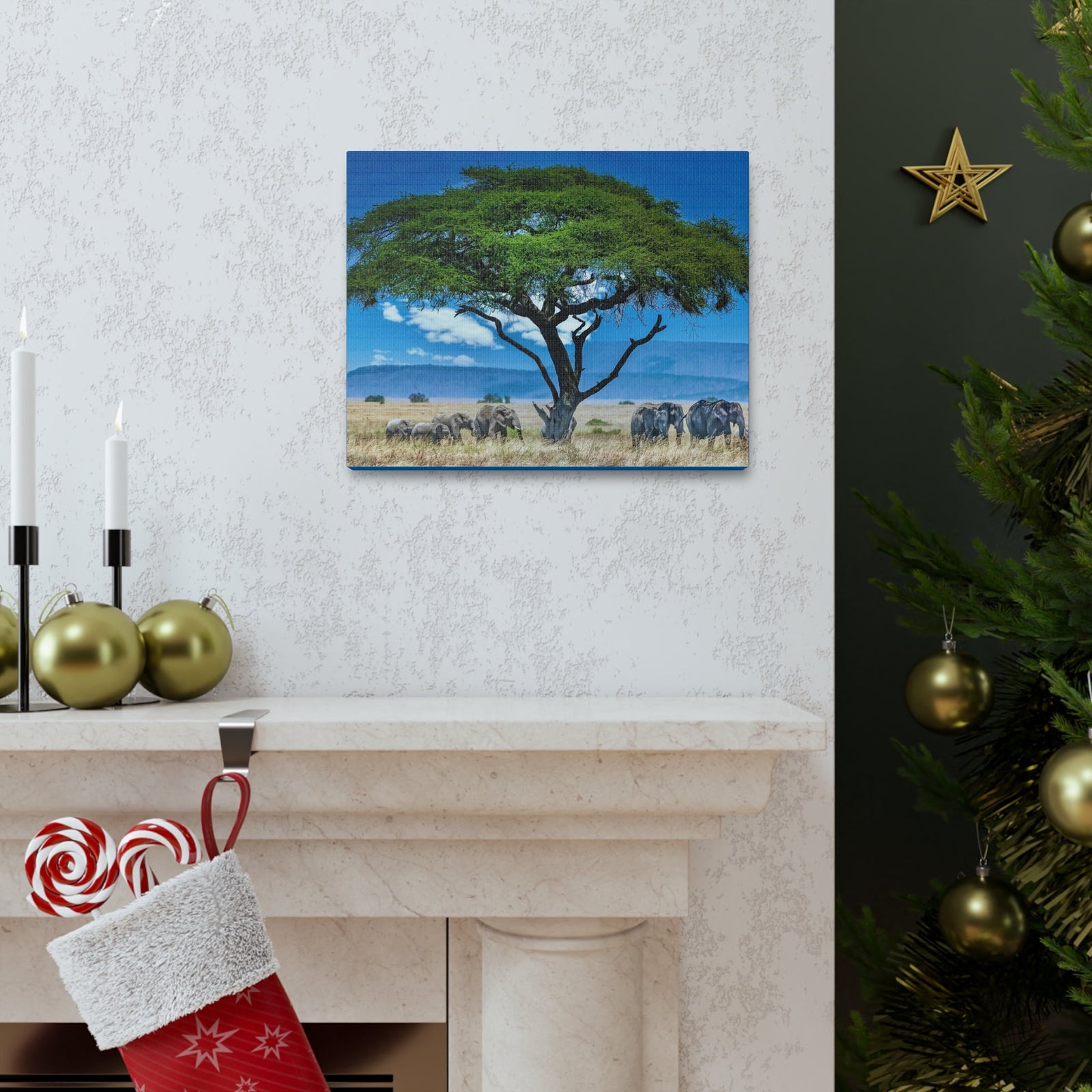 Group of African Elephant Under a Tree Outdoor Wall Art Ready To Hang Unframed-Express Your Love Gifts