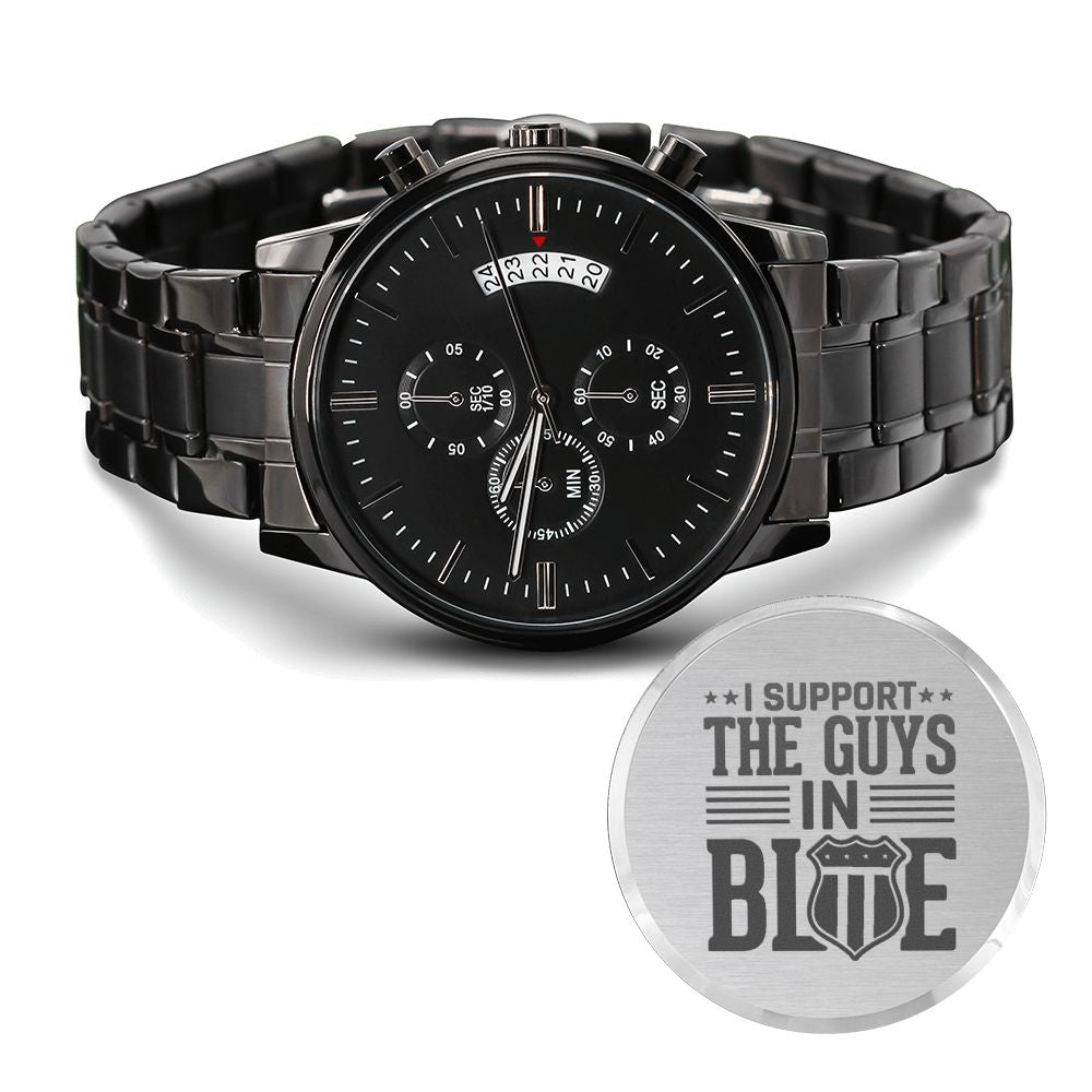 Guys In Blue Engraved Multifunction Policeman Men's Watch Stainless Steel W Copper Dial-Express Your Love Gifts
