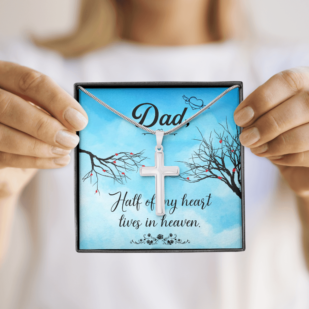 Half of My Heart Dad Memorial Gift Dad Memorial Cross Necklace Sympathy Gift Loss of Father Condolence Message Card-Express Your Love Gifts