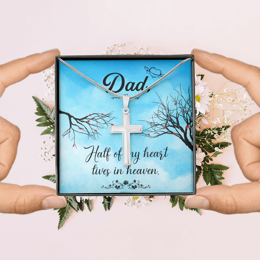 Half of My Heart Dad Memorial Gift Dad Memorial Cross Necklace Sympathy Gift Loss of Father Condolence Message Card-Express Your Love Gifts