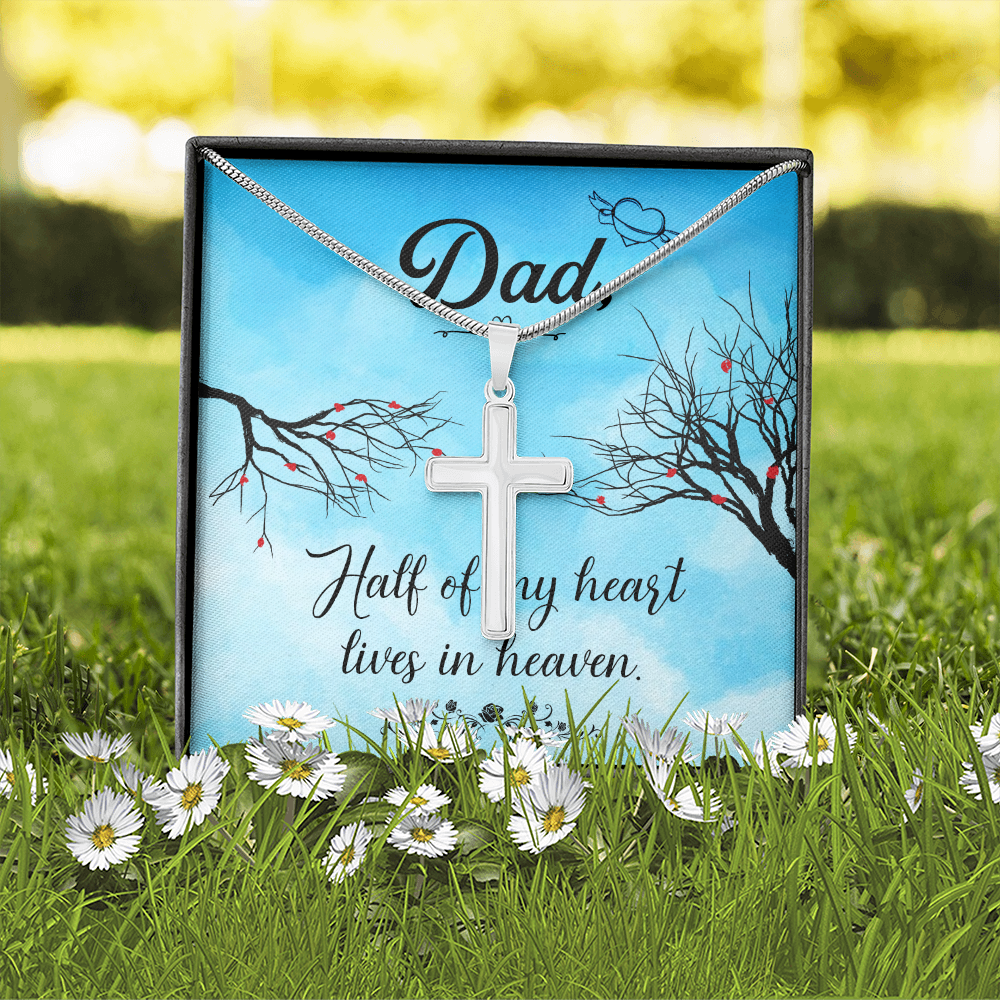 Half of My Heart Dad Memorial Gift Dad Memorial Cross Necklace Sympathy Gift Loss of Father Condolence Message Card-Express Your Love Gifts