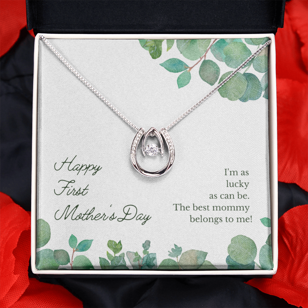 Happy First Mother's Day Lucky Horseshoe Necklace Message Card 14k w CZ Crystals-Express Your Love Gifts