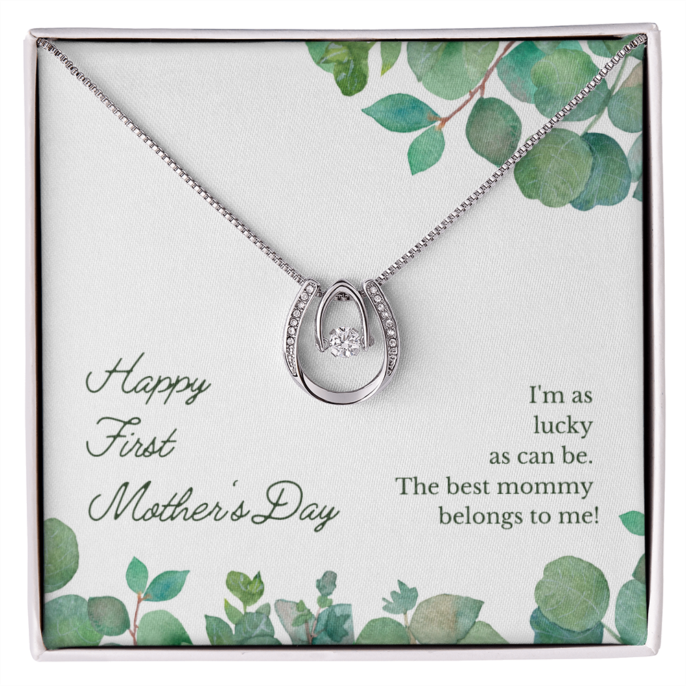 Happy First Mother's Day Lucky Horseshoe Necklace Message Card 14k w CZ Crystals-Express Your Love Gifts