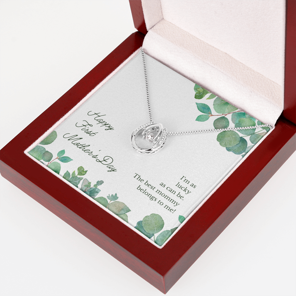 Happy First Mother's Day Lucky Horseshoe Necklace Message Card 14k w CZ Crystals-Express Your Love Gifts