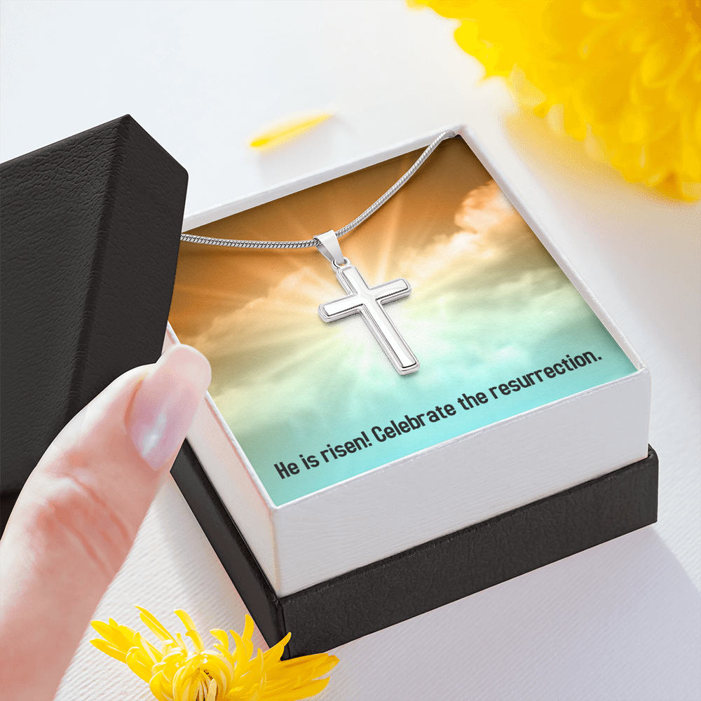 He Is Risen Cross Card Necklace w Stainless Steel Pendant-Express Your Love Gifts