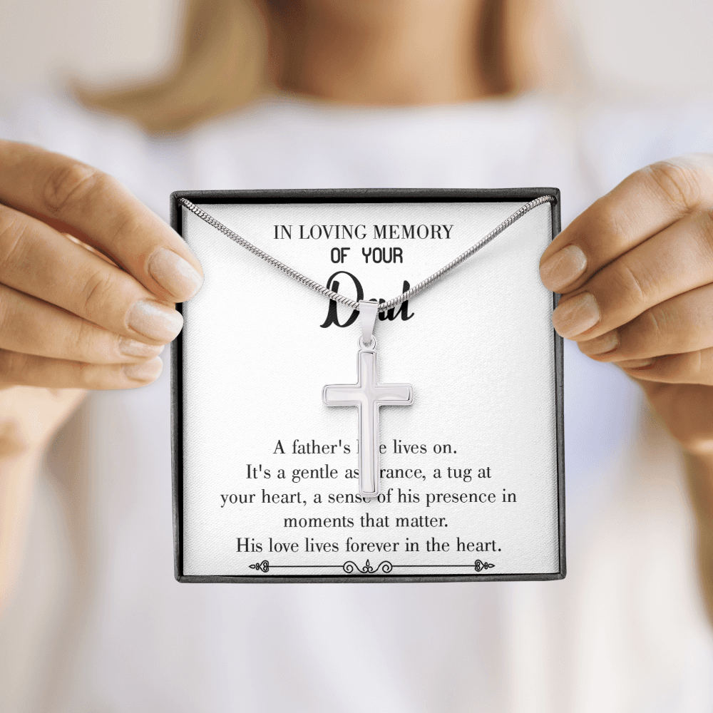 His Love Lives Forever Dad Memorial Gift Dad Memorial Cross Necklace Sympathy Gift Loss of Father Condolence Message Card-Express Your Love Gifts