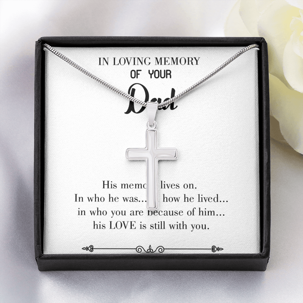 His Memory Lives Dad Memorial Gift Dad Memorial Cross Necklace Sympathy Gift Loss of Father Condolence Message Card-Express Your Love Gifts