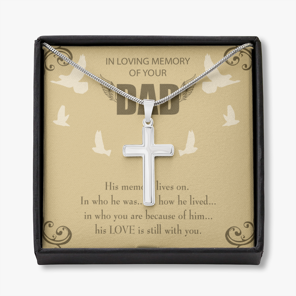 His Memory Lives On Dad Memorial Gift Dad Memorial Cross Necklace Sympathy Gift Loss of Father Condolence Message Card-Express Your Love Gifts
