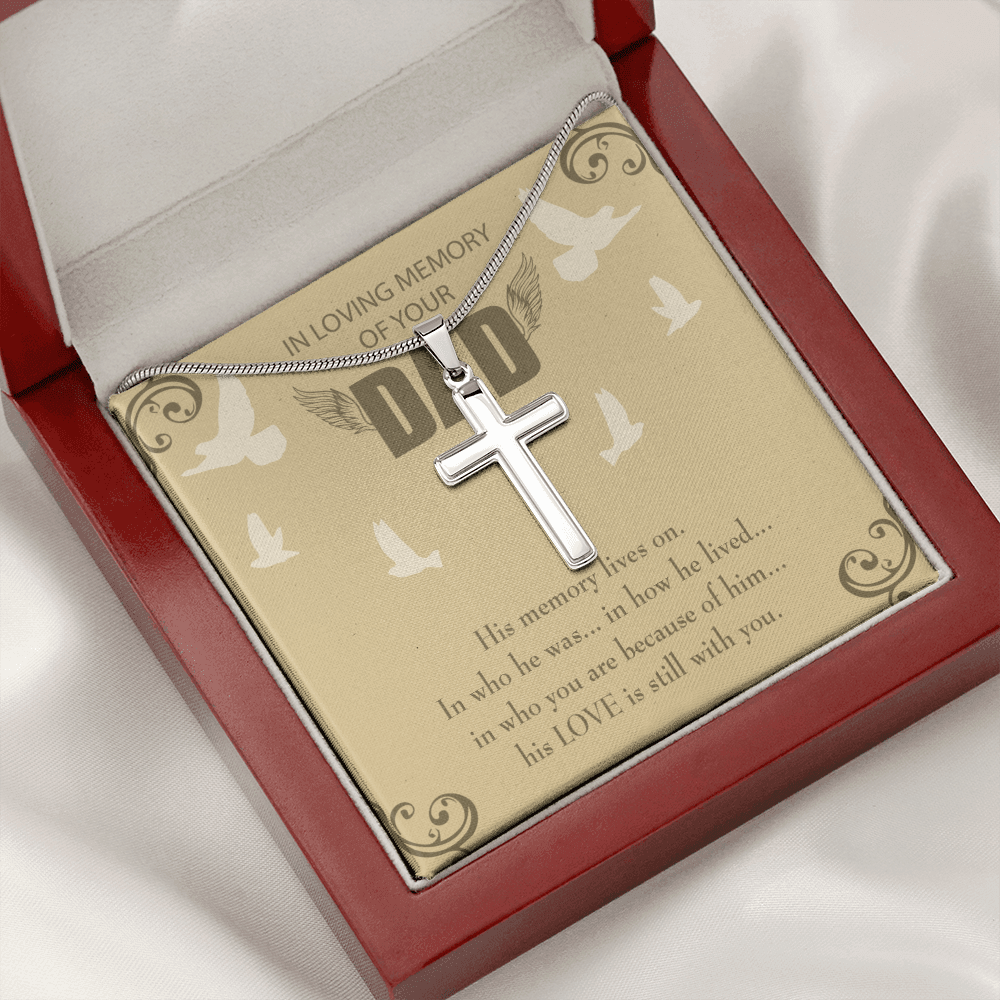 His Memory Lives On Dad Memorial Gift Dad Memorial Cross Necklace Sympathy Gift Loss of Father Condolence Message Card-Express Your Love Gifts