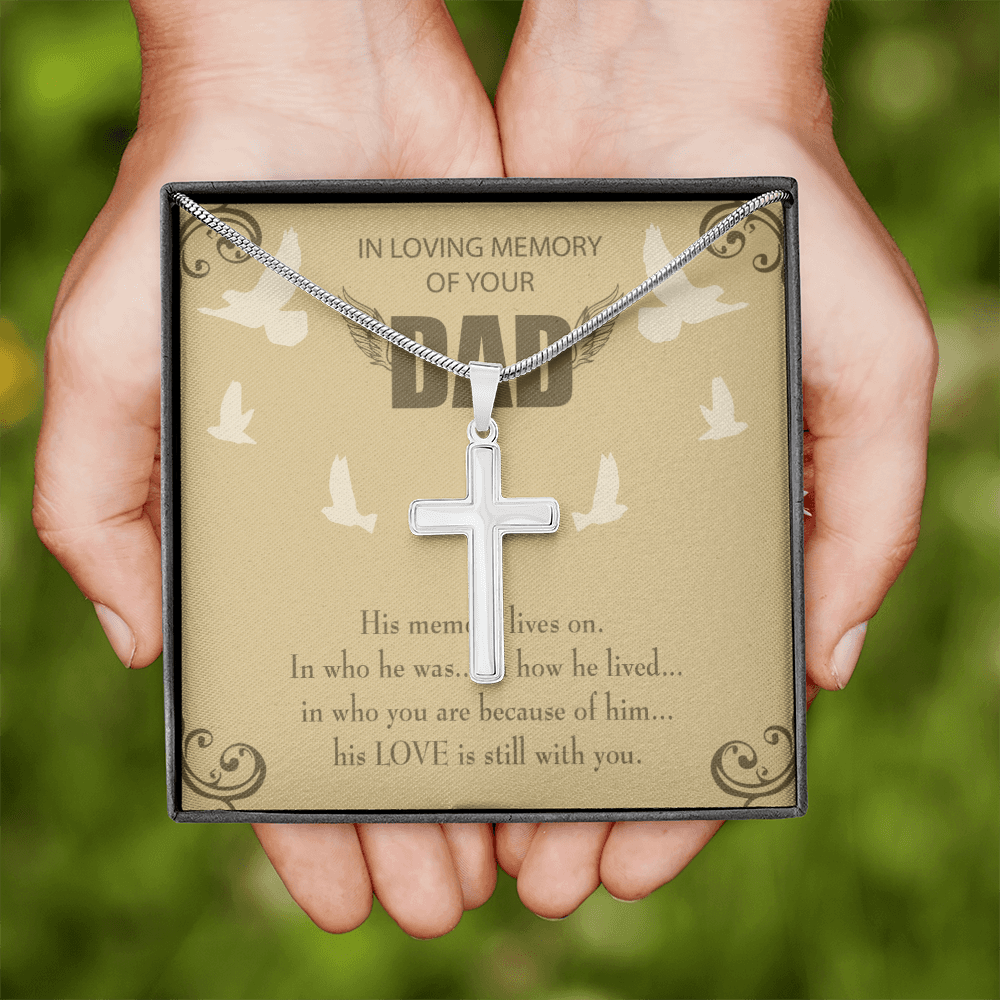 His Memory Lives On Dad Memorial Gift Dad Memorial Cross Necklace Sympathy Gift Loss of Father Condolence Message Card-Express Your Love Gifts