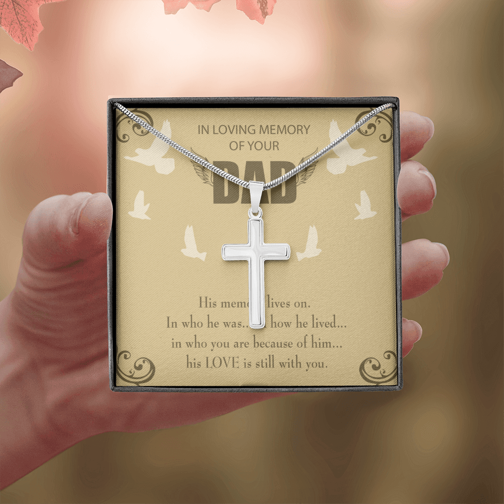 His Memory Lives On Dad Memorial Gift Dad Memorial Cross Necklace Sympathy Gift Loss of Father Condolence Message Card-Express Your Love Gifts