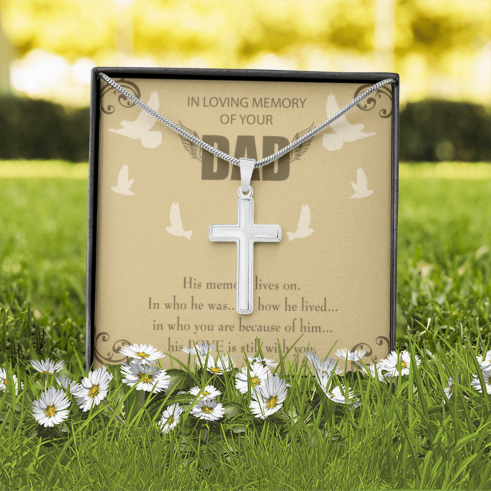 His Memory Lives On Dad Memorial Gift Dad Memorial Cross Necklace Sympathy Gift Loss of Father Condolence Message Card-Express Your Love Gifts