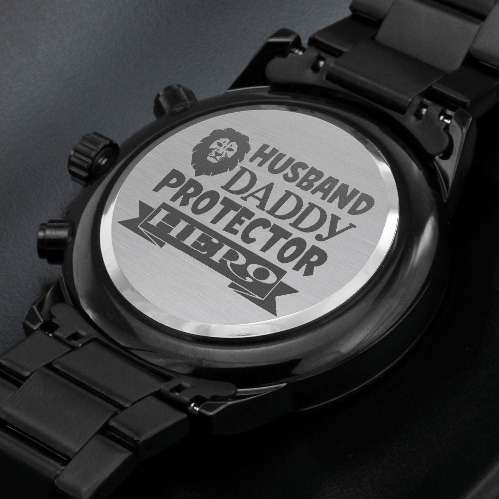 Husband Daddy Protector Hero Engraved Multifunction Analog Stainless Steel Chronograph Men's Watch W Copper Dial-Express Your Love Gifts