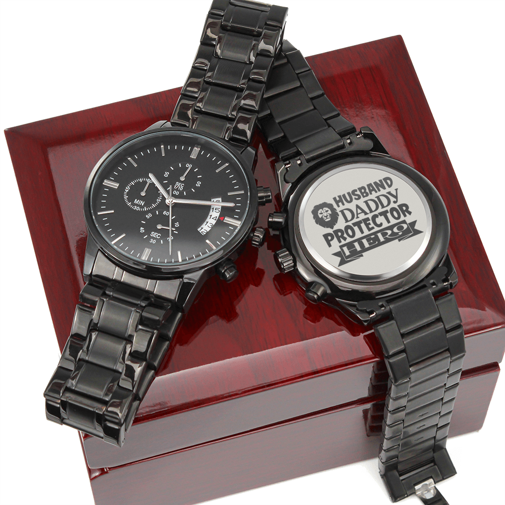 Husband Daddy Protector Hero Engraved Multifunction Analog Stainless Steel Chronograph Men's Watch W Copper Dial-Express Your Love Gifts