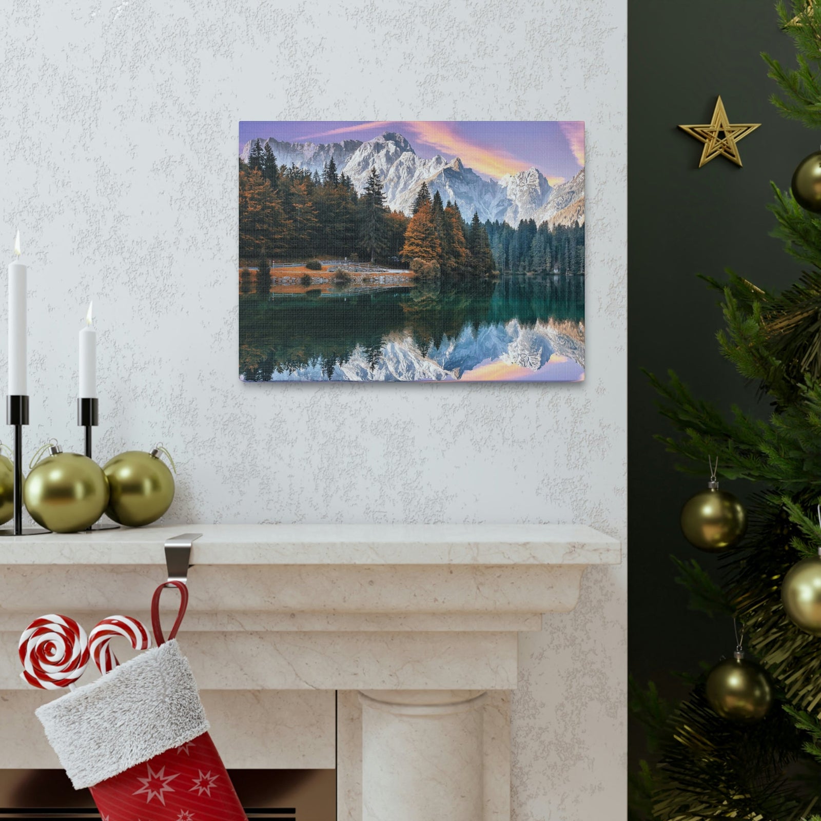Impressive Autumn Season During Sunset Scene Beautiful Wonderful and Suprising Lake Beauty Nature Scene Amazing Sunny Day on the Mountain and Lake Wall Art Ready to Hang Unframed-Express Your Love Gifts