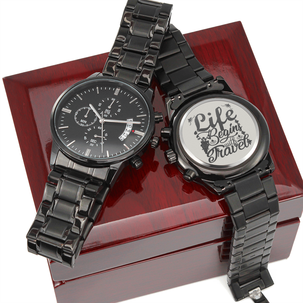 Life Begins With Travel Engraved Motorcycle Rider Men's Watch Multifunction Stainless Steel W Copper Dial-Express Your Love Gifts