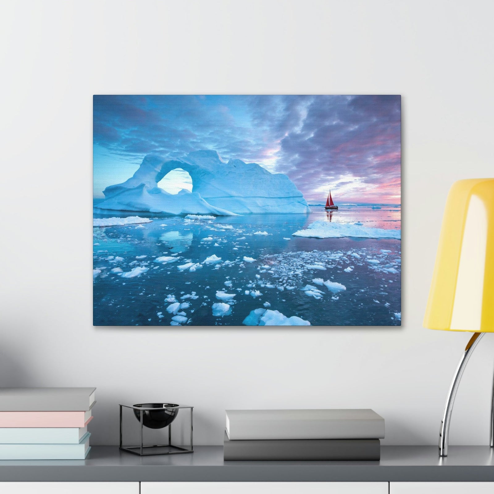 Little Red Boat Floating Alongside Icebergs Scene Beautiful Stunning and Awesome View Beauty Nature Scene Big Iceberg and Cloudy Sky Wall Art Ready to Hang Unframed-Express Your Love Gifts