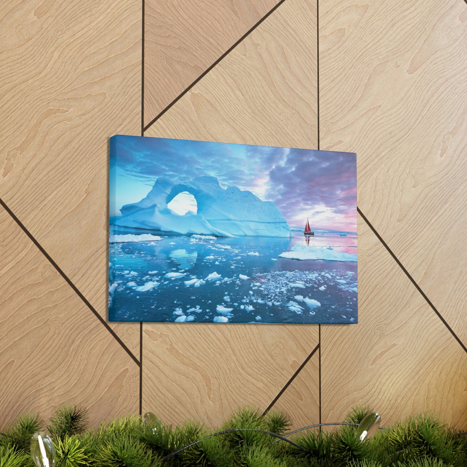 Little Red Boat Floating Alongside Icebergs Scene Beautiful Stunning and Awesome View Beauty Nature Scene Big Iceberg and Cloudy Sky Wall Art Ready to Hang Unframed-Express Your Love Gifts