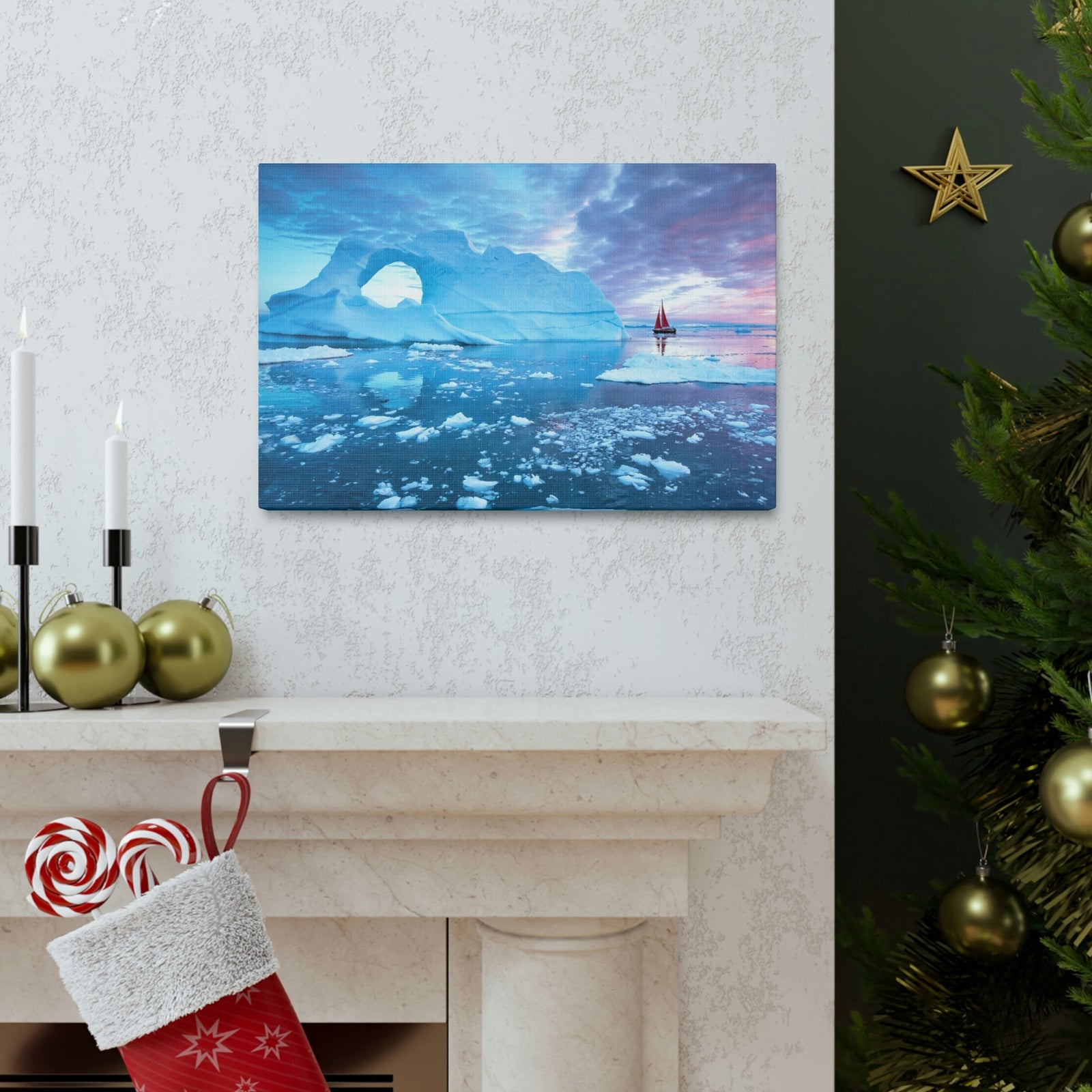Little Red Boat Floating Alongside Icebergs Scene Beautiful Stunning and Awesome View Beauty Nature Scene Big Iceberg and Cloudy Sky Wall Art Ready to Hang Unframed-Express Your Love Gifts