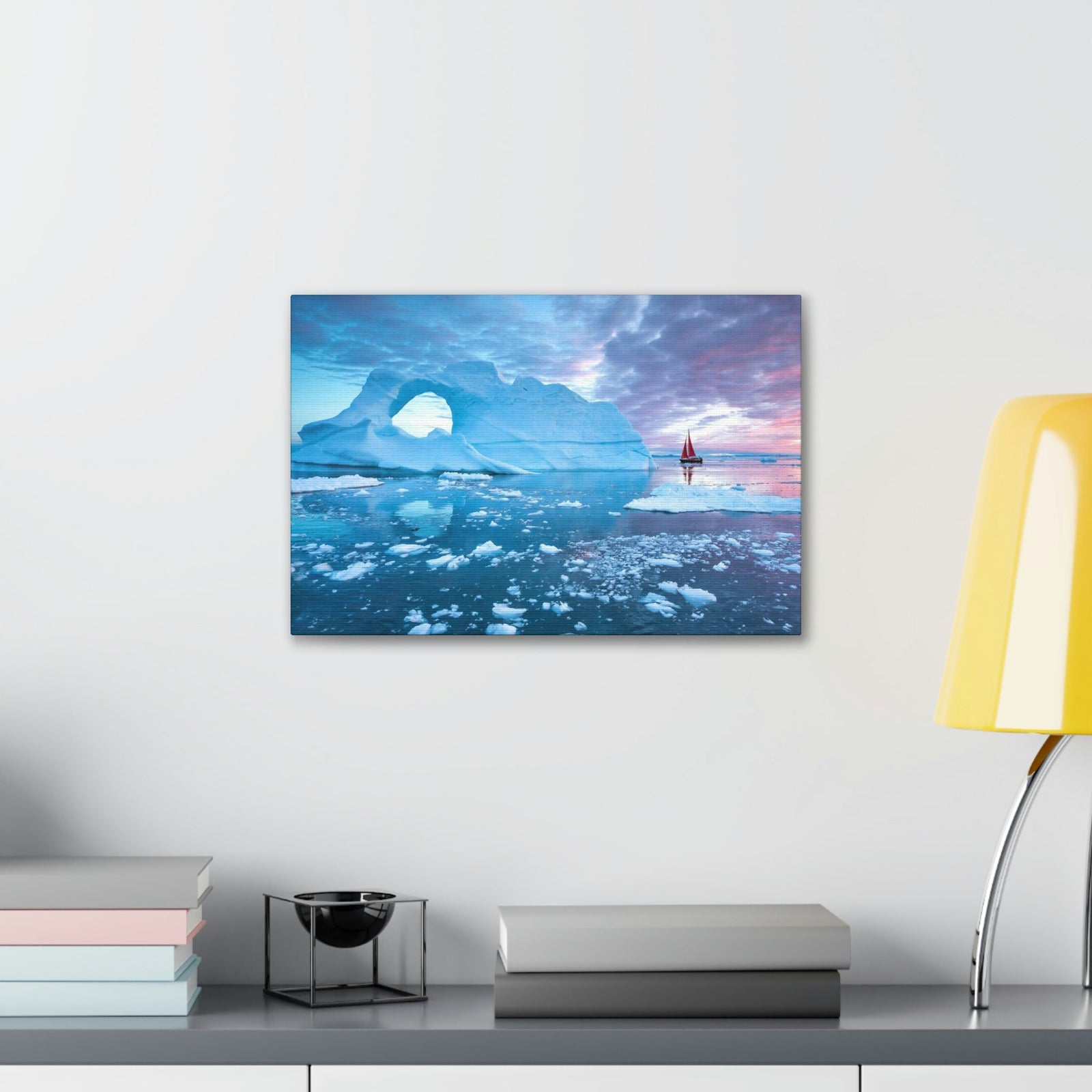 Little Red Boat Floating Alongside Icebergs Scene Beautiful Stunning and Awesome View Beauty Nature Scene Big Iceberg and Cloudy Sky Wall Art Ready to Hang Unframed-Express Your Love Gifts