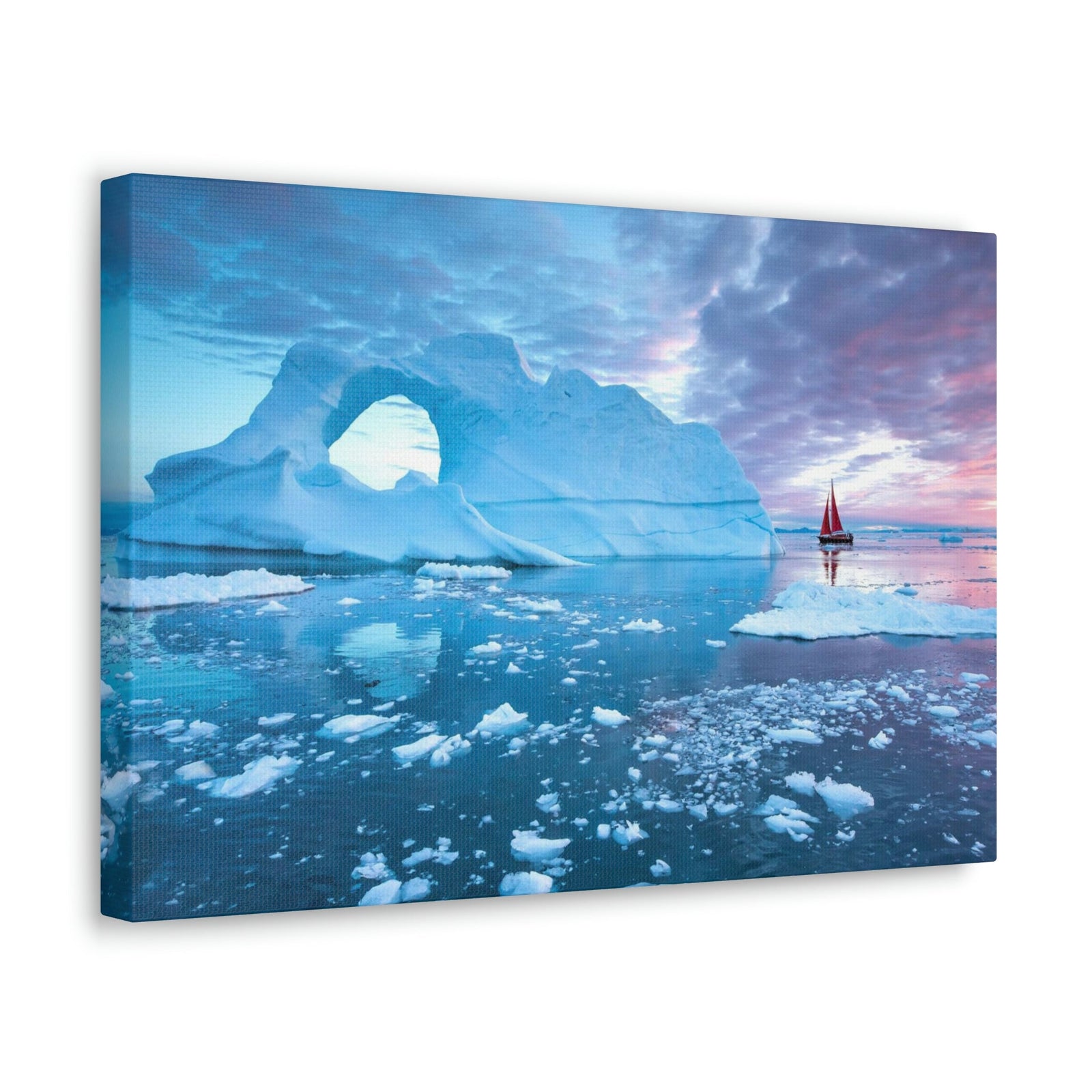 Little Red Boat Floating Alongside Icebergs Scene Beautiful Stunning and Awesome View Beauty Nature Scene Big Iceberg and Cloudy Sky Wall Art Ready to Hang Unframed-Express Your Love Gifts