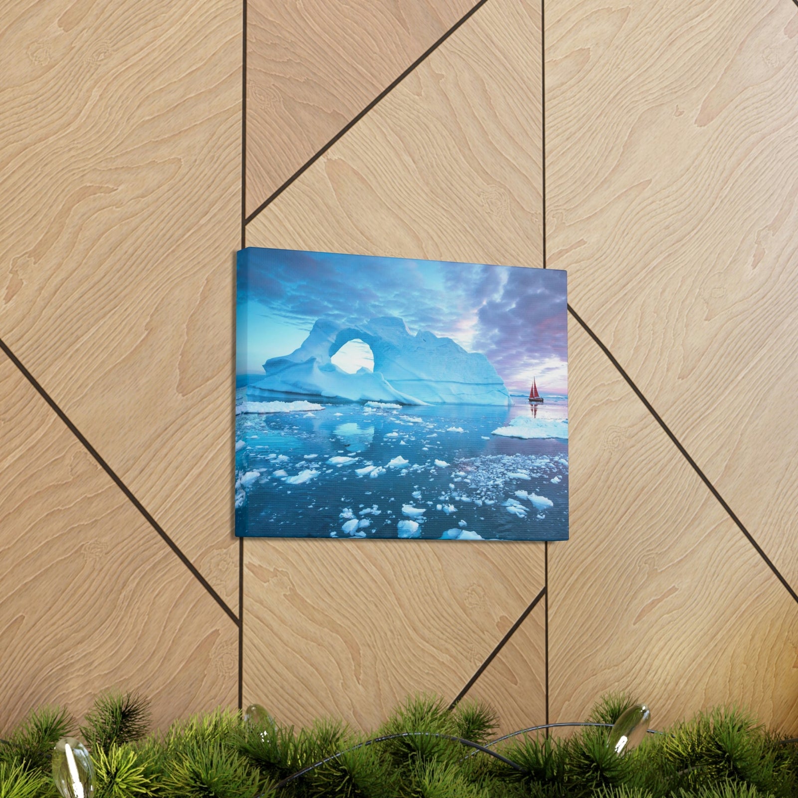 Little Red Boat Floating Alongside Icebergs Scene Beautiful Stunning and Awesome View Beauty Nature Scene Big Iceberg and Cloudy Sky Wall Art Ready to Hang Unframed-Express Your Love Gifts