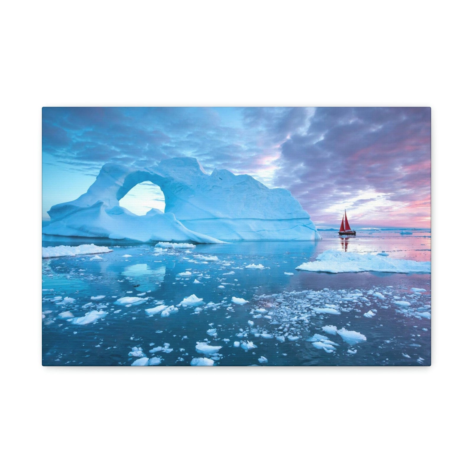 Little Red Boat Floating Alongside Icebergs Scene Beautiful Stunning and Awesome View Beauty Nature Scene Big Iceberg and Cloudy Sky Wall Art Ready to Hang Unframed-Express Your Love Gifts
