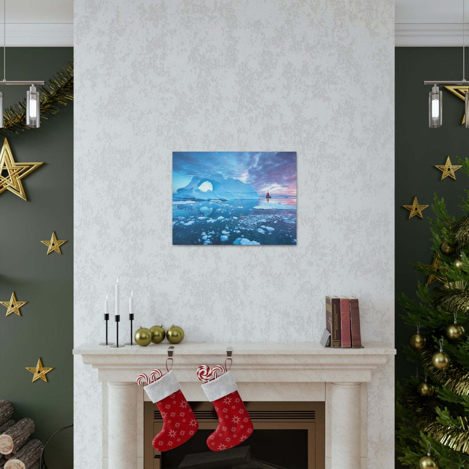 Little Red Boat Floating Alongside Icebergs Scene Beautiful Stunning and Awesome View Beauty Nature Scene Big Iceberg and Cloudy Sky Wall Art Ready to Hang Unframed-Express Your Love Gifts