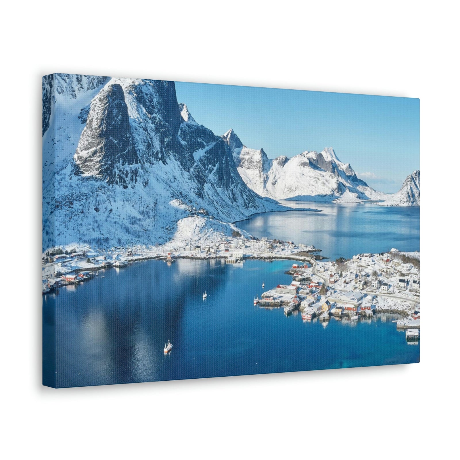 Lovely Lake Surrounded by the Mountains Scene Beautiful Incredible and Majestic Village Beauty Nature Scene Small Snowy Village Wall Art Ready to Hang Unframed-Express Your Love Gifts