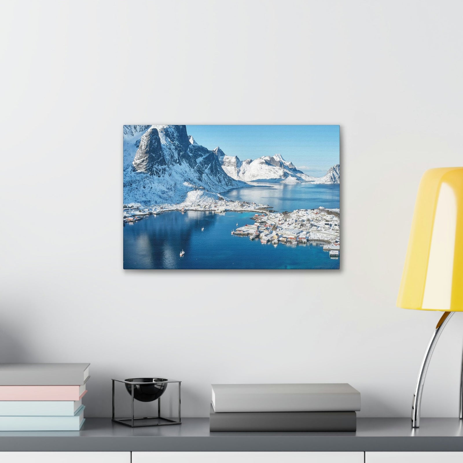 Lovely Lake Surrounded by the Mountains Scene Beautiful Incredible and Majestic Village Beauty Nature Scene Small Snowy Village Wall Art Ready to Hang Unframed-Express Your Love Gifts