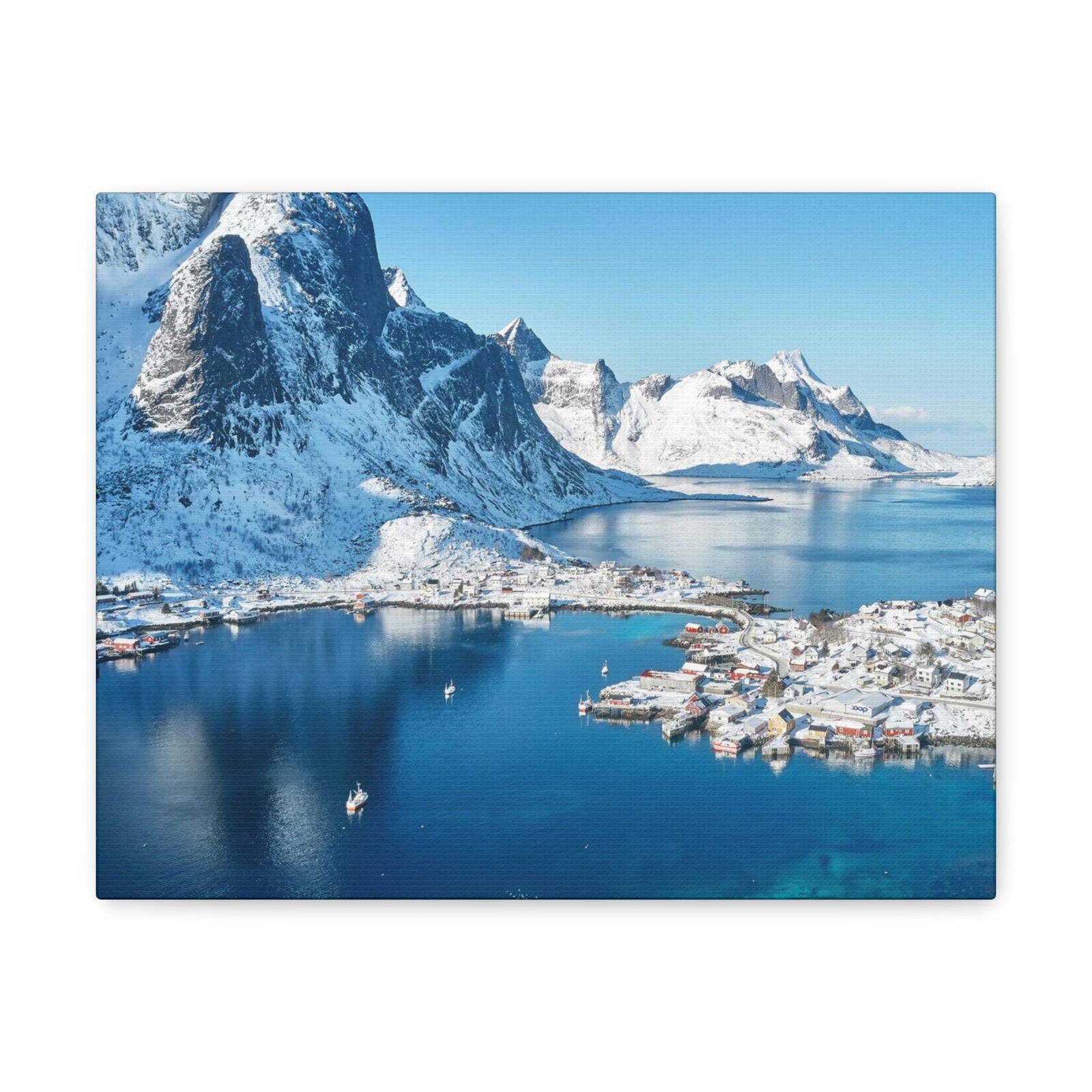 Lovely Lake Surrounded by the Mountains Scene Beautiful Incredible and Majestic Village Beauty Nature Scene Small Snowy Village Wall Art Ready to Hang Unframed-Express Your Love Gifts
