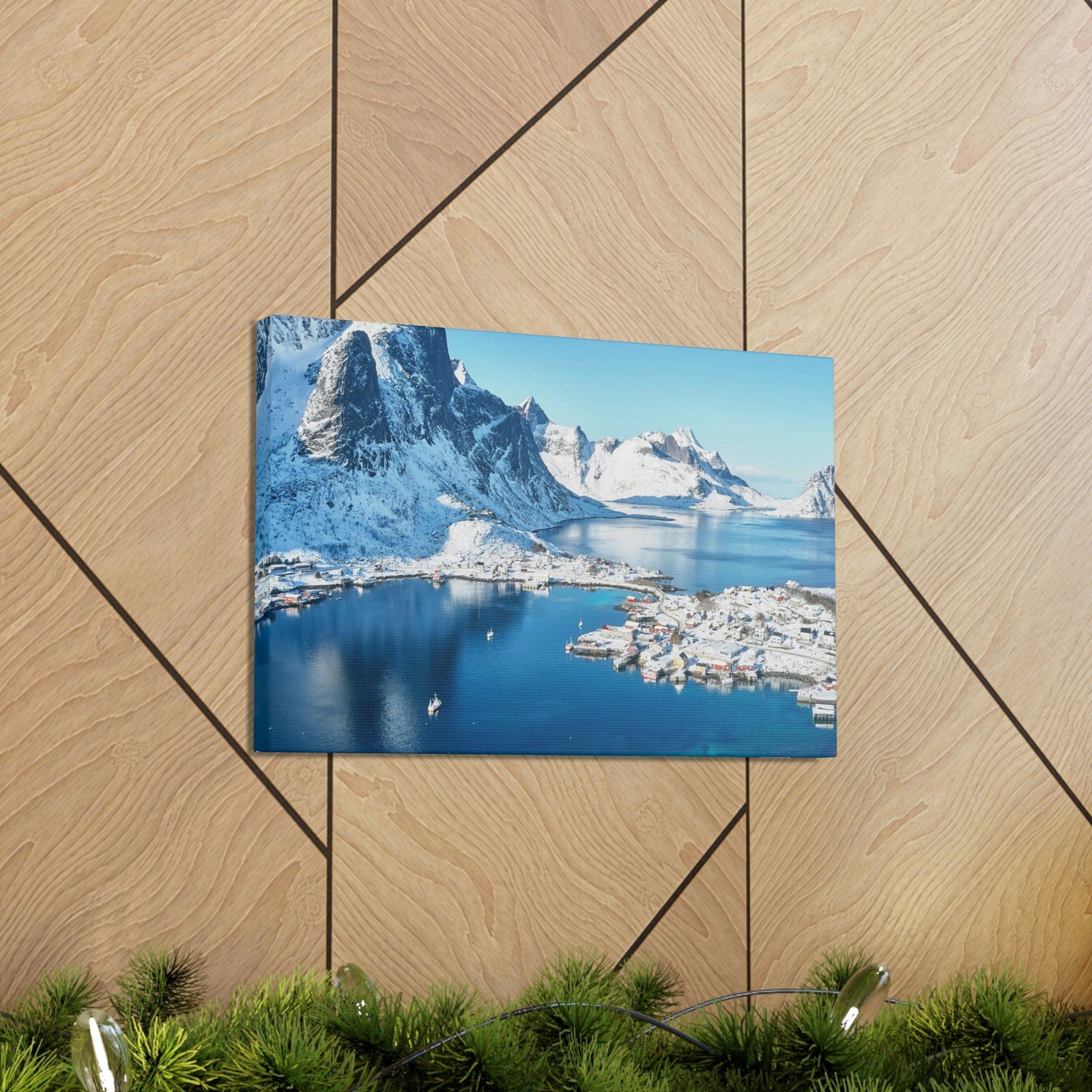 Lovely Lake Surrounded by the Mountains Scene Beautiful Incredible and Majestic Village Beauty Nature Scene Small Snowy Village Wall Art Ready to Hang Unframed-Express Your Love Gifts