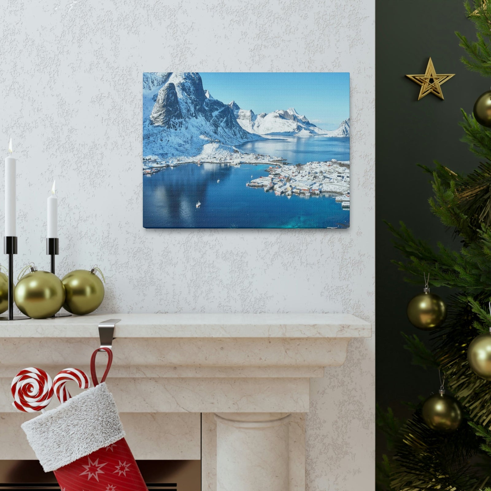 Lovely Lake Surrounded by the Mountains Scene Beautiful Incredible and Majestic Village Beauty Nature Scene Small Snowy Village Wall Art Ready to Hang Unframed-Express Your Love Gifts