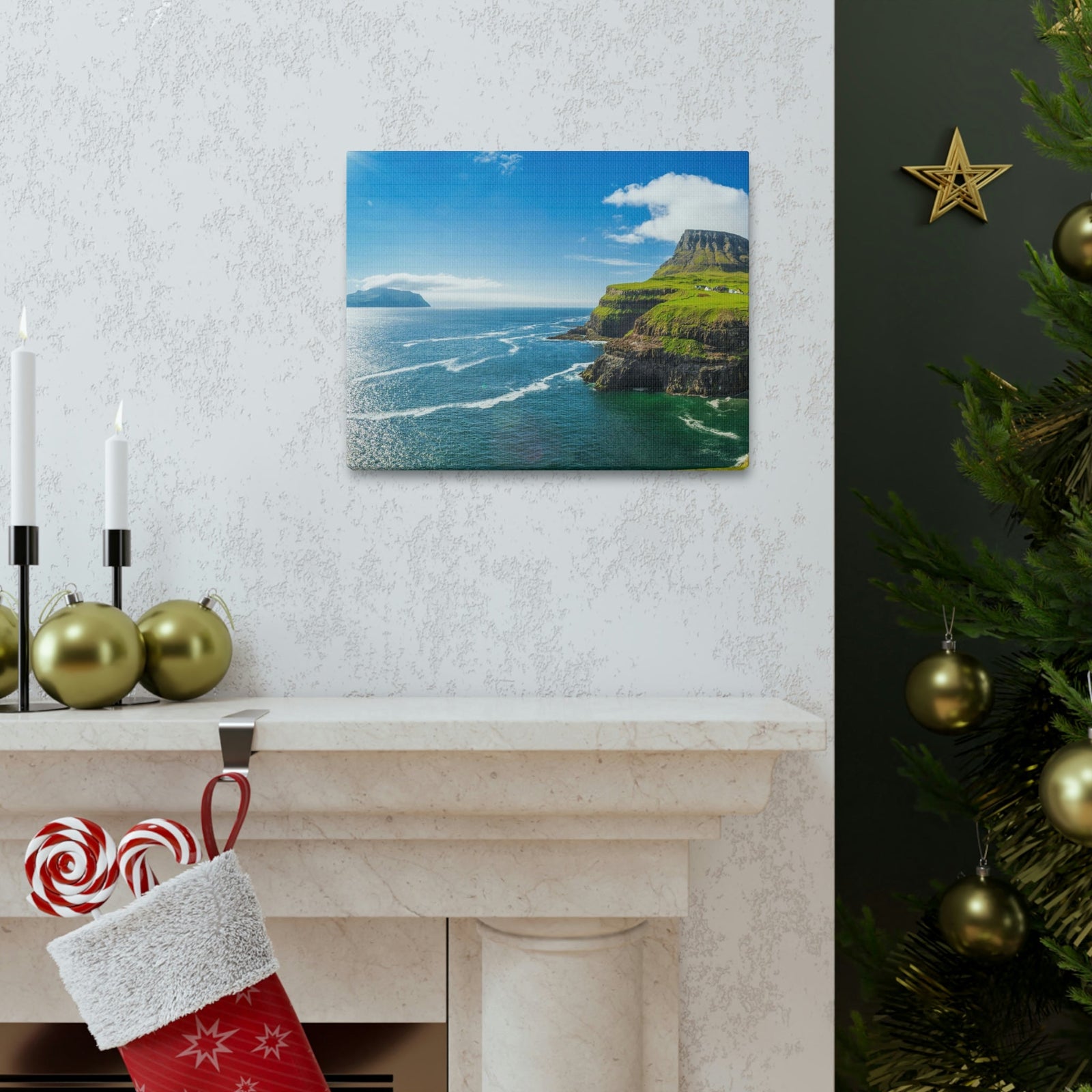 Majestic Sunny Day on the Island Scene Beautiful Awesome and Incredible Sea Beauty Nature Scene Big Cliff and Falls Wall Art Ready to Hang Unframed-Express Your Love Gifts