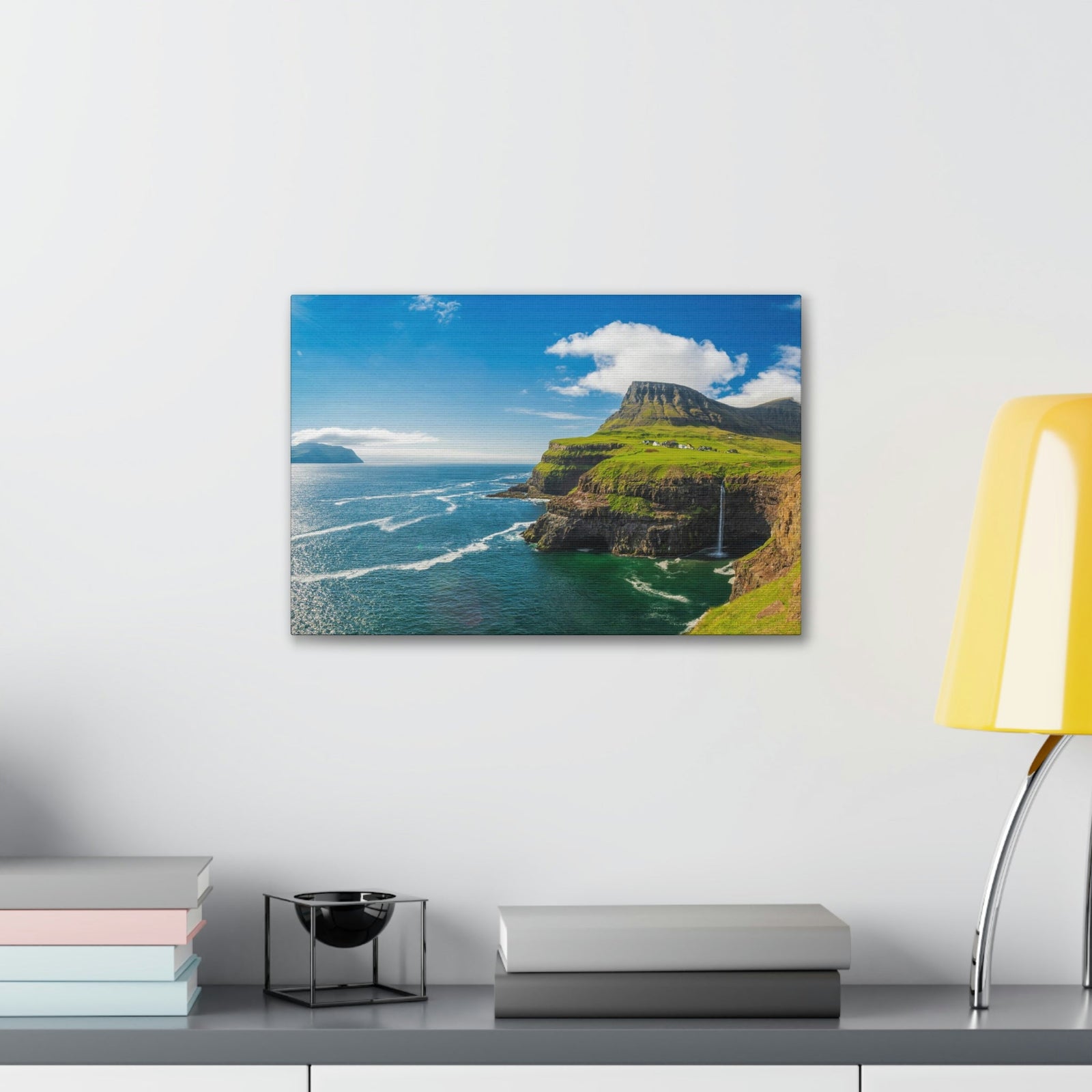 Majestic Sunny Day on the Island Scene Beautiful Awesome and Incredible Sea Beauty Nature Scene Big Cliff and Falls Wall Art Ready to Hang Unframed-Express Your Love Gifts