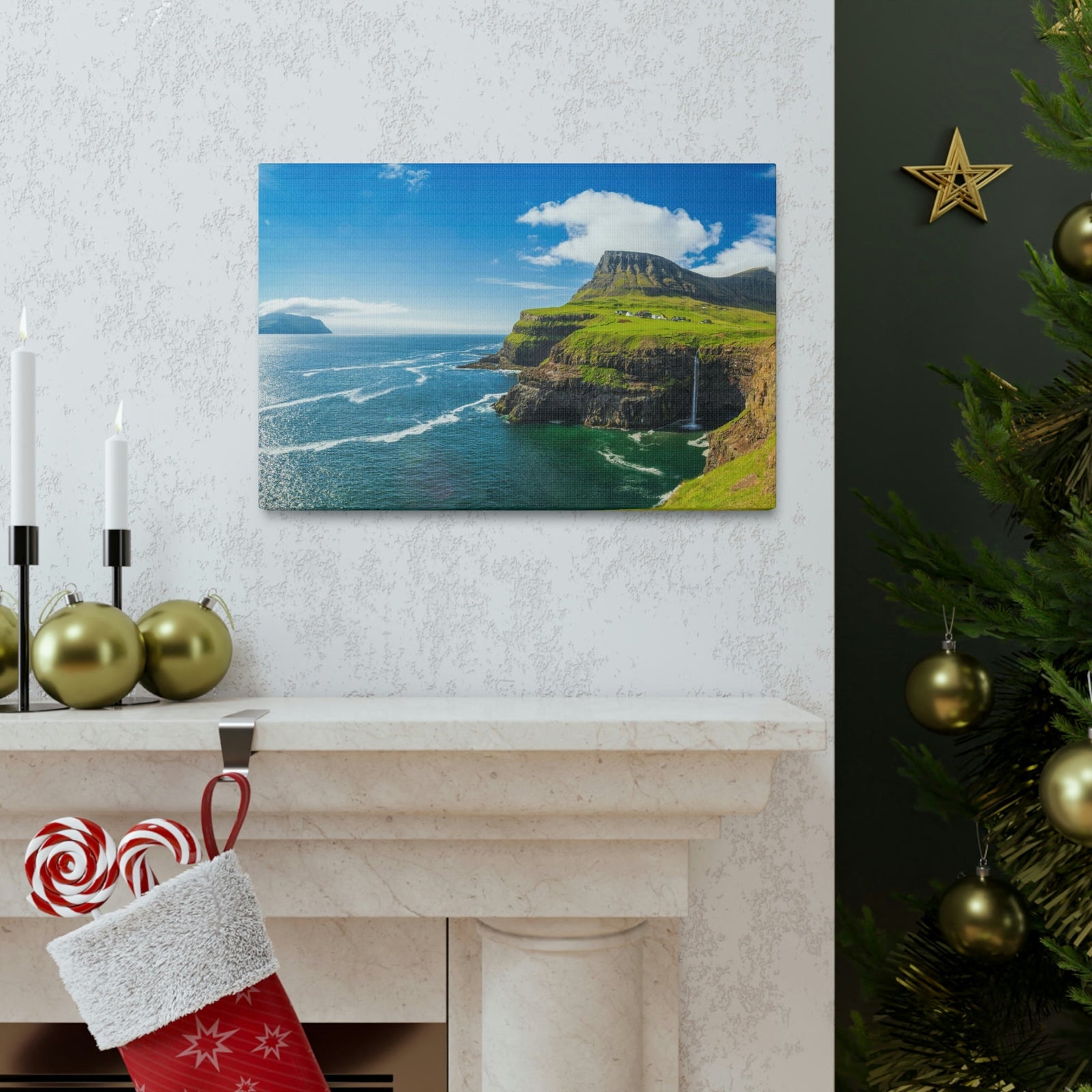 Majestic Sunny Day on the Island Scene Beautiful Awesome and Incredible Sea Beauty Nature Scene Big Cliff and Falls Wall Art Ready to Hang Unframed-Express Your Love Gifts