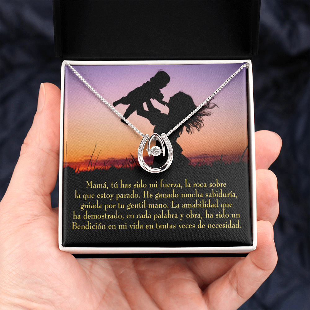 Mamá tú has sido mi fuerza Lucky Horseshoe Necklace Message Card 14k w CZ Crystals-Express Your Love Gifts