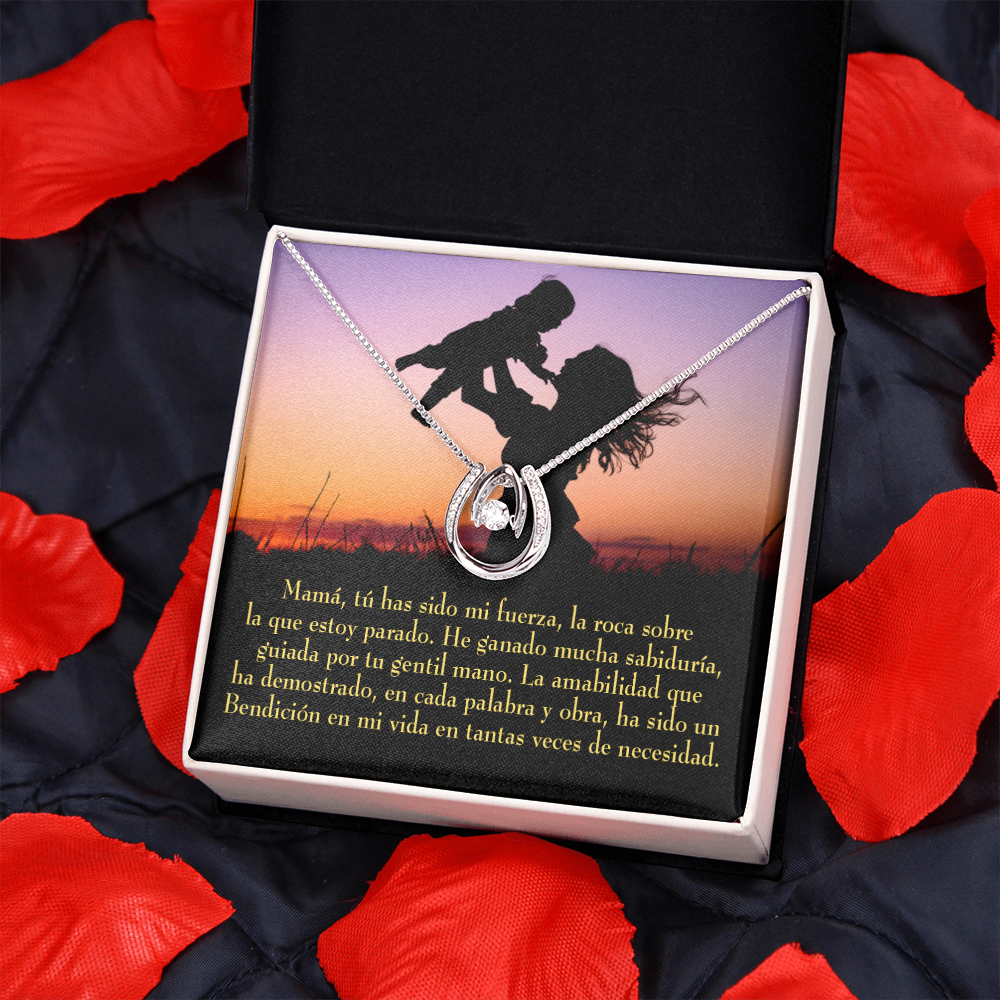 Mamá tú has sido mi fuerza Lucky Horseshoe Necklace Message Card 14k w CZ Crystals-Express Your Love Gifts