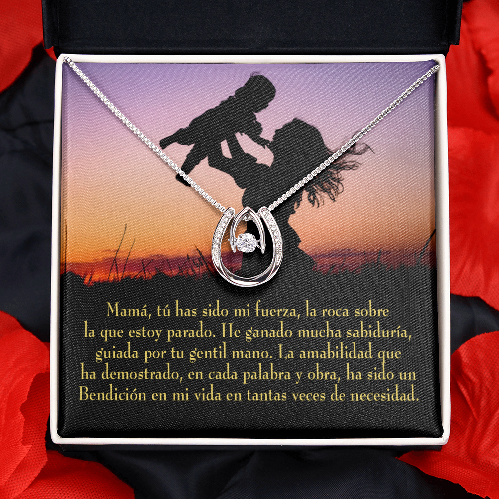 Mamá tú has sido mi fuerza Lucky Horseshoe Necklace Message Card 14k w CZ Crystals-Express Your Love Gifts