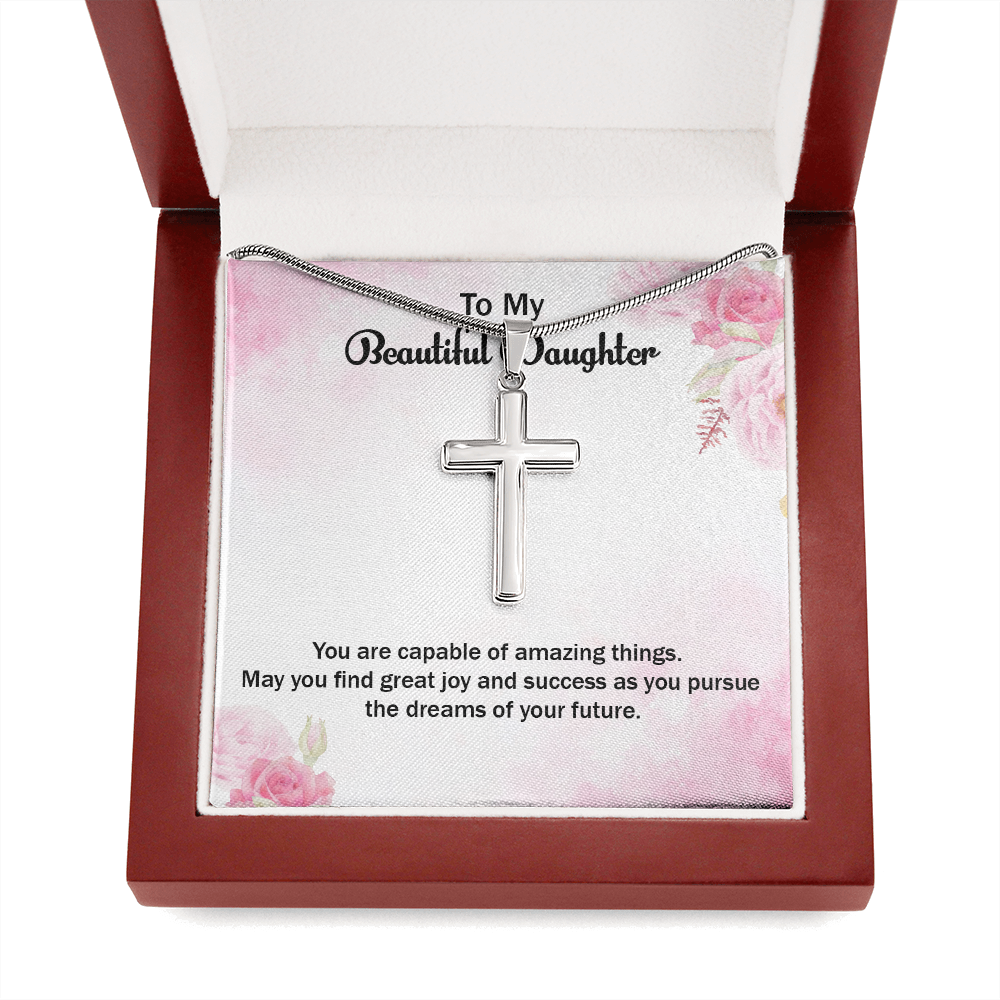 May You Find Great Success Daughter Graduation Message Cross Card Necklace w Stainless Steel Pendant-Express Your Love Gifts