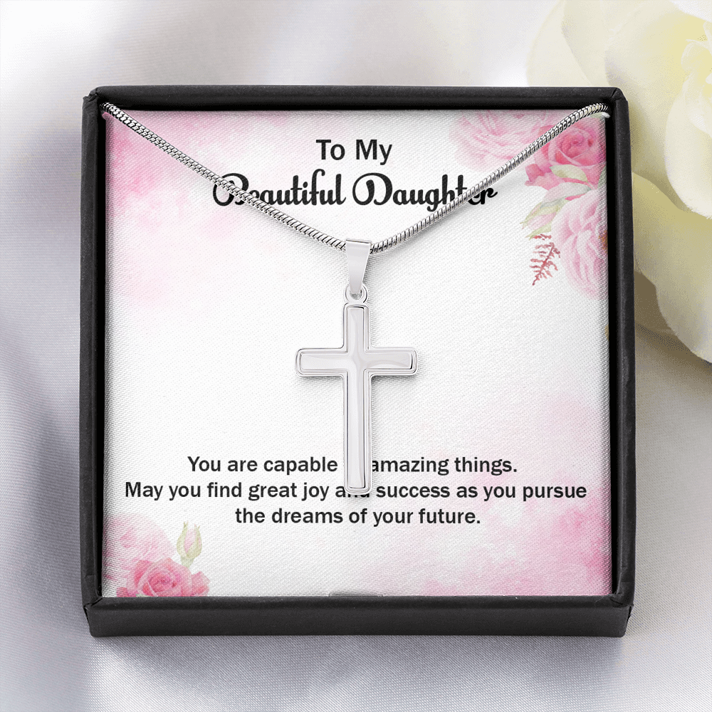 May You Find Great Success Daughter Graduation Message Cross Card Necklace w Stainless Steel Pendant-Express Your Love Gifts