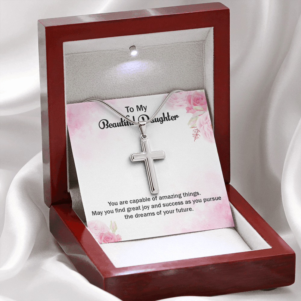 May You Find Great Success Daughter Graduation Message Cross Card Necklace w Stainless Steel Pendant-Express Your Love Gifts