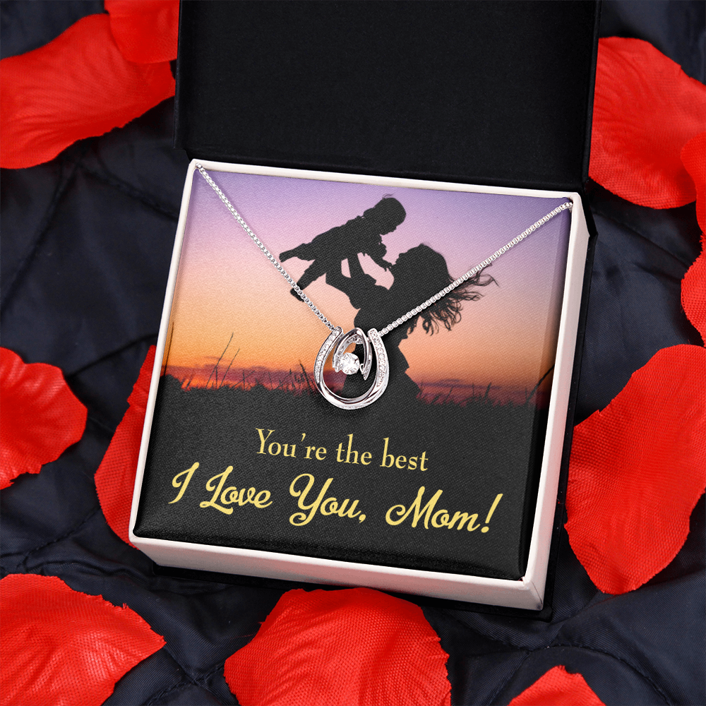 Mom You're the Best Lucky Horseshoe Necklace Message Card 14k w CZ Crystals-Express Your Love Gifts
