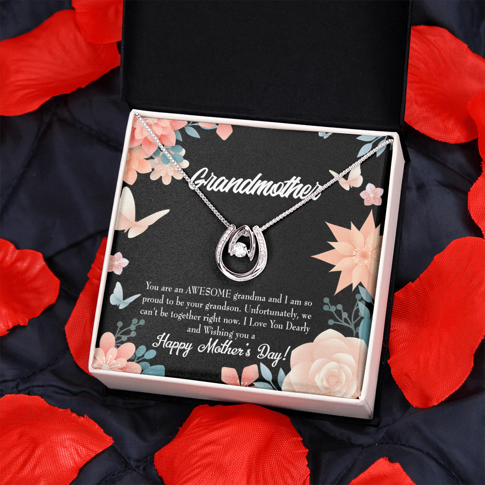 Mother's Day Grandson Lucky Horseshoe Necklace Message Card 14k w CZ Crystals-Express Your Love Gifts